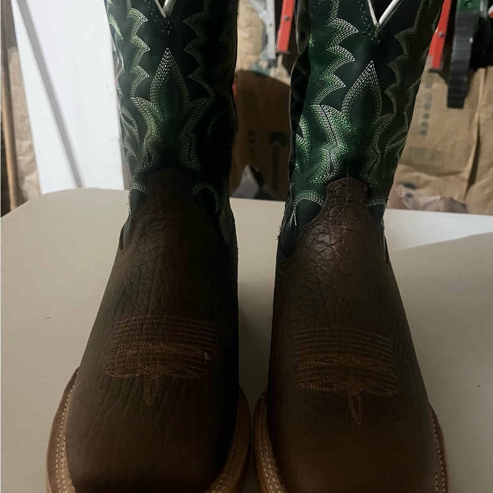 Durango Brown and Green Cowboy Boots with Embossed Leather